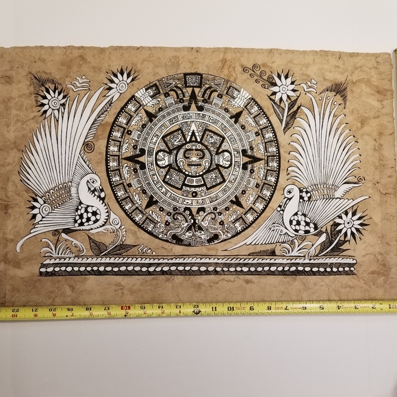 Aztec Mayan Clock with Aztec Birds Original Hand Painting on Paper from Mexico - Picture 4 of 7